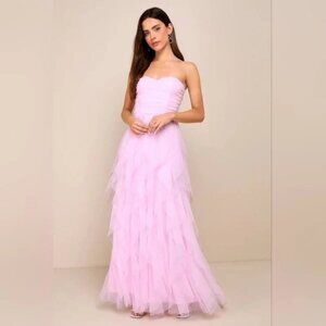 NWOT Lulu's Delightful Pink Mesh Strapless Ruched Ruffled Maxi Dress Medium